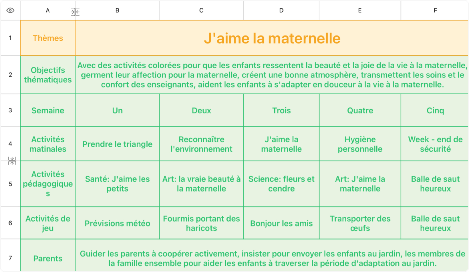 Programme d'enseignement à la maternelle Tableau 2